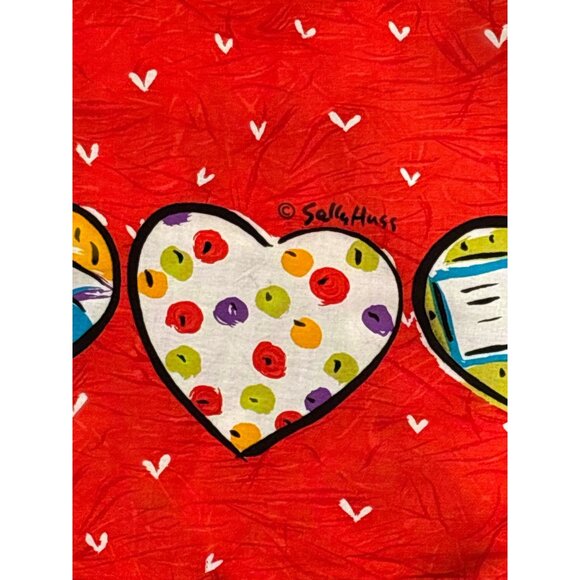 Sally Huss Red Heart Patterned Rayon Shawl Wrap Scarf With Fringe - Picture 3 of 10